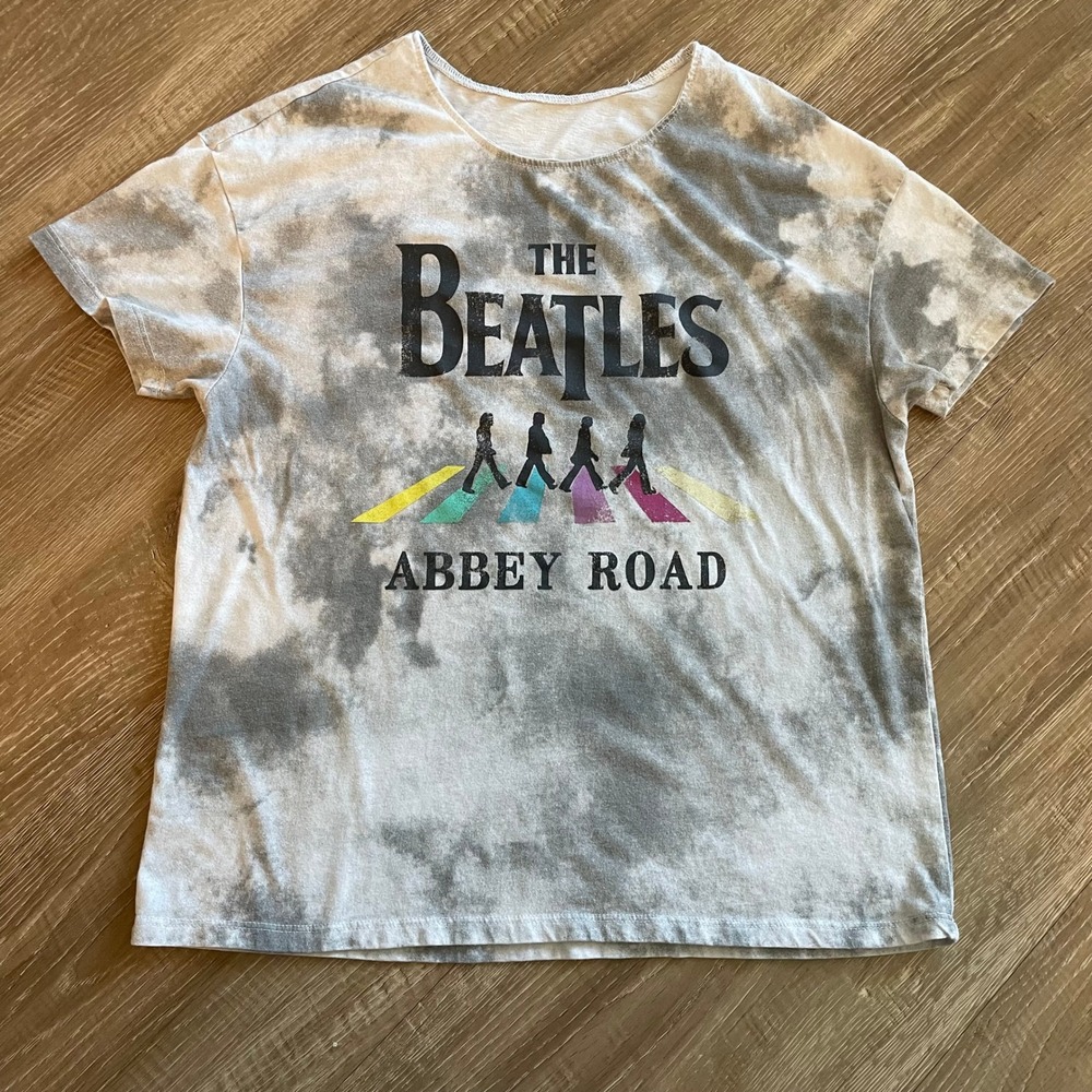 The Beatles Mens T-Shirt Large Grey Tie Dye Abbey Road Graphic Cotton Rock Tee